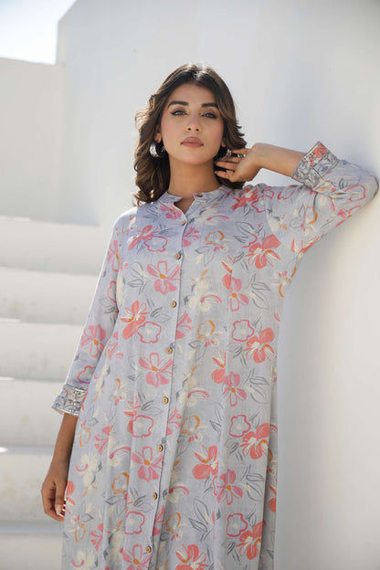 Grey Floral Printed Cotton Kurta Set with Pants