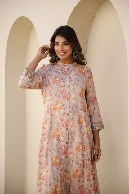 Peach Floral Printed Cotton Kurta Set with Pants