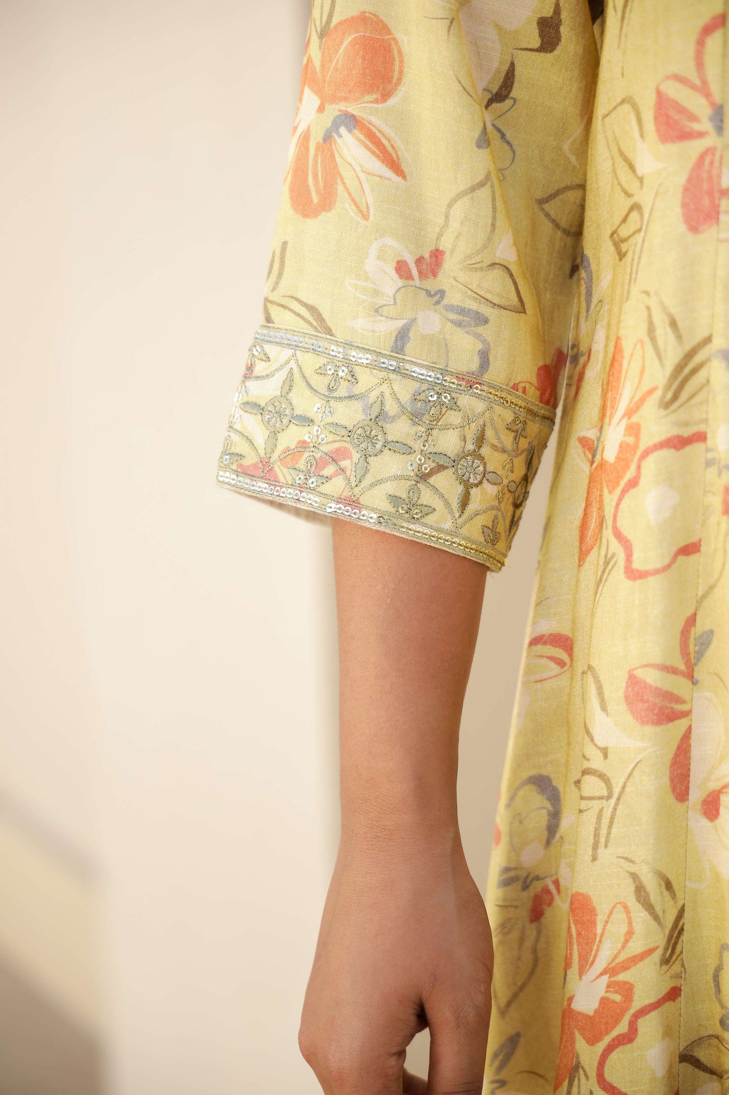 Yellow Floral Printed Cotton Kurta Set with Pants
