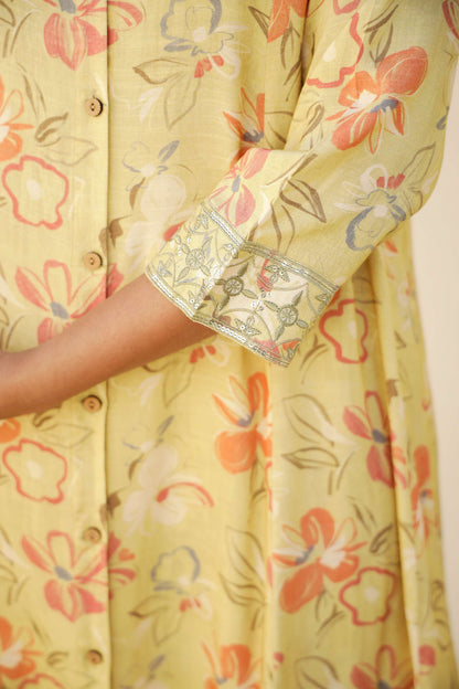 Yellow Floral Printed Cotton Kurta Set with Pants