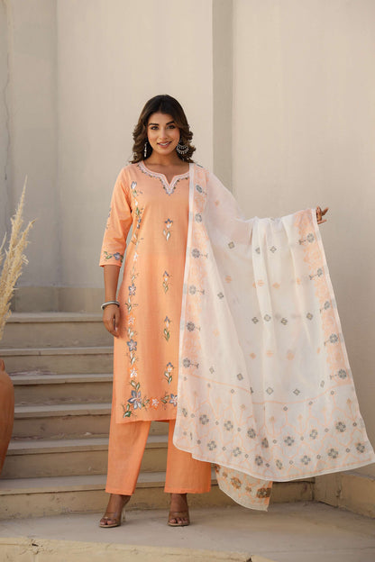 Light Orange Solid Cotton Kurta Set with Embroidered Pocket