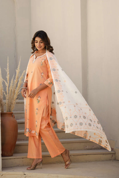 Light Orange Solid Cotton Kurta Set with Embroidered Pocket