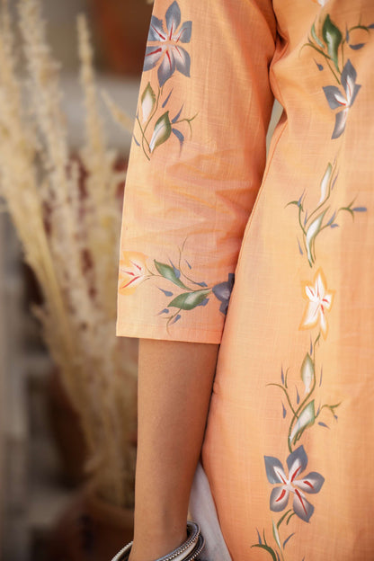 Light Orange Solid Cotton Kurta Set with Embroidered Pocket