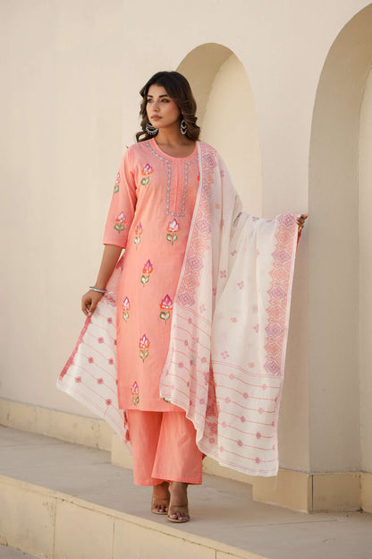 Peach Pink Cotton Kurta Set with Elegant Embroidery