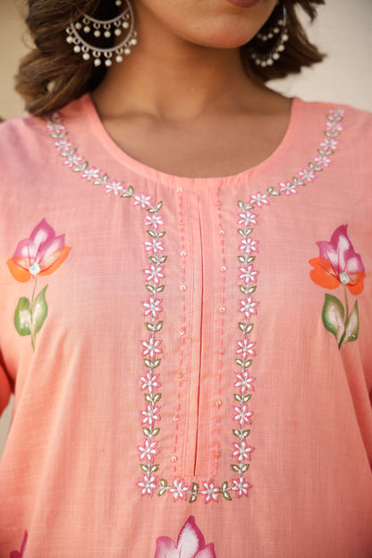 Peach Pink Cotton Kurta Set with Elegant Embroidery