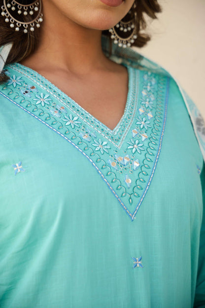 Sky Blue Solid Cotton Kurta Set with Embroidered Pocket