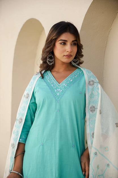 Sky Blue Solid Cotton Kurta Set with Embroidered Pocket