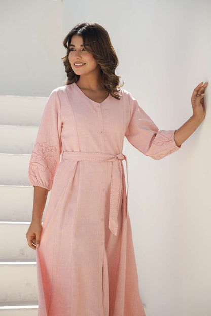 Soft Blush Pink Embroidered Cotton Midi Dress