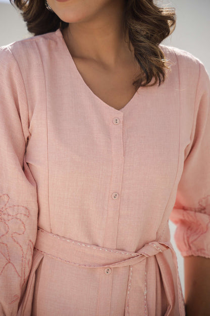Soft Blush Pink Embroidered Cotton Midi Dress