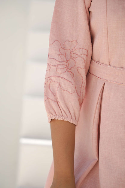 Soft Blush Pink Embroidered Cotton Midi Dress