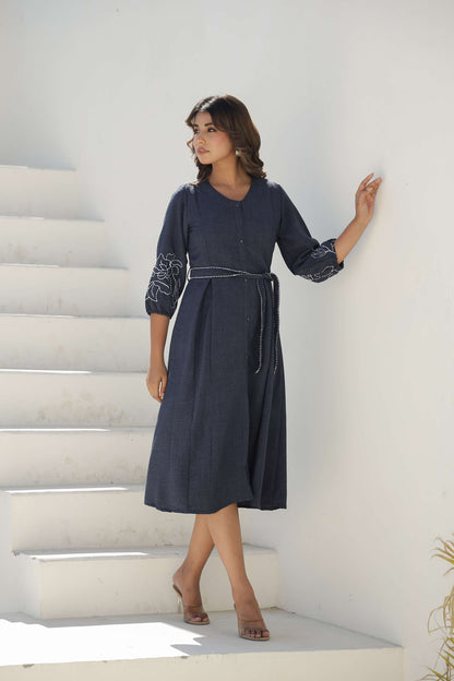 Chic Denim Blue Embroidered Cotton Dress with Belt