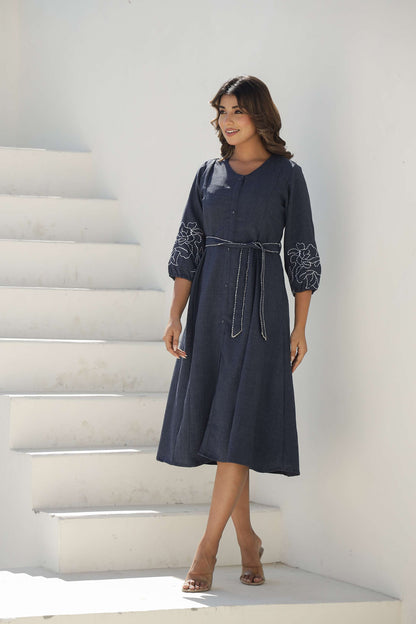 Chic Denim Blue Embroidered Cotton Dress with Belt