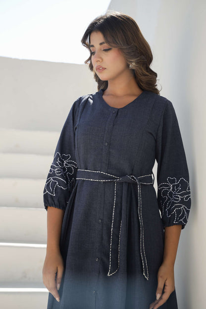 Chic Denim Blue Embroidered Cotton Dress with Belt