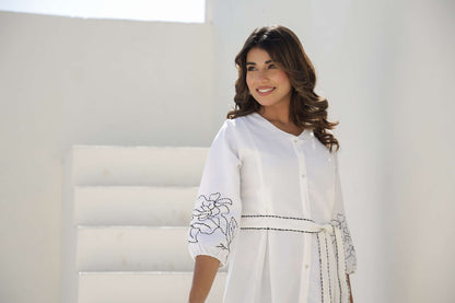 Elegant White Embroidered Cotton Midi Dress with Belt