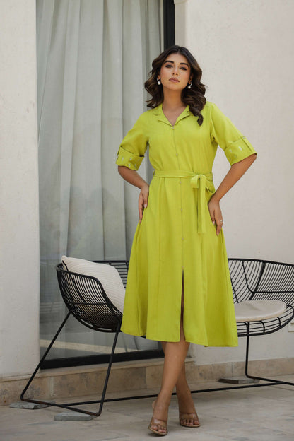 Lime Green Cotton Shirt Dress with Embroidered Sleeves & Belt