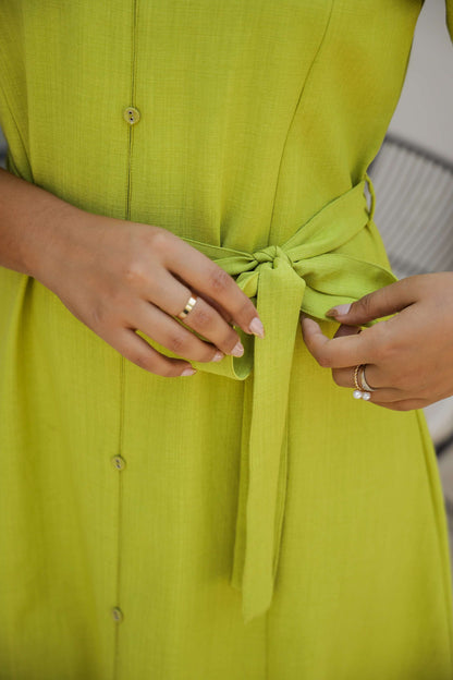 Lime Green Cotton Shirt Dress with Embroidered Sleeves & Belt