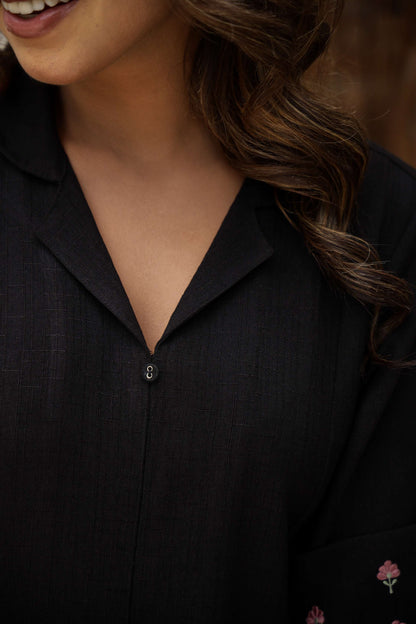 Classic Black Cotton Shirt Dress with Belt & Embroidered Sleeves