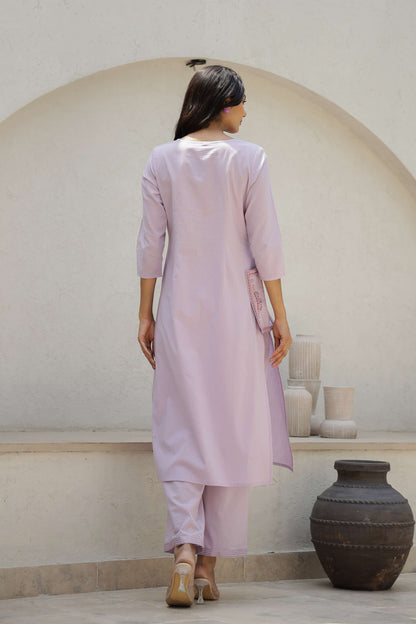 Purple Solid Cotton Kurta Set with Embroidered Pocket