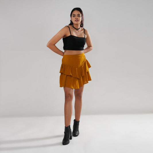 Asymmetrical Ruffle Cotton Slub Skirt in Mustard