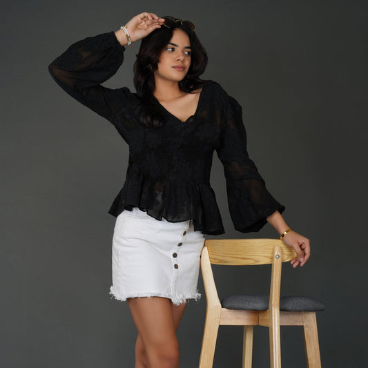 Black Floral Textured Georgette Peplum Top