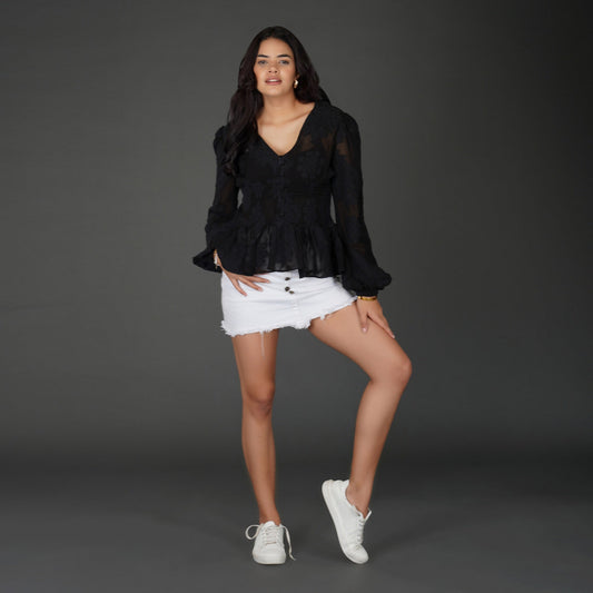 Black Floral Textured Georgette Peplum Top