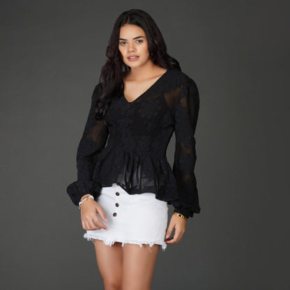 Black Floral Textured Georgette Peplum Top