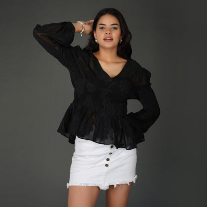 Black Floral Textured Georgette Peplum Top