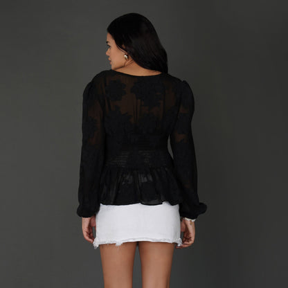 Black Floral Textured Georgette Peplum Top