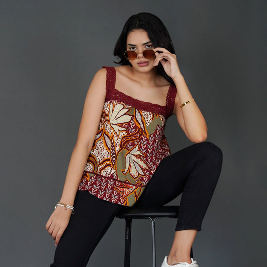 Boho Crochet Accent Square-Neck Top