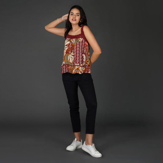Boho Crochet Accent Square-Neck Top