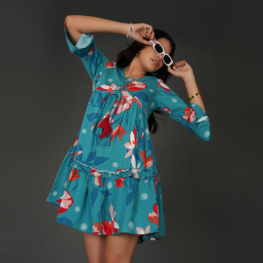Boho Floral Sea Blue Rayon Dress with Tassel Detailing
