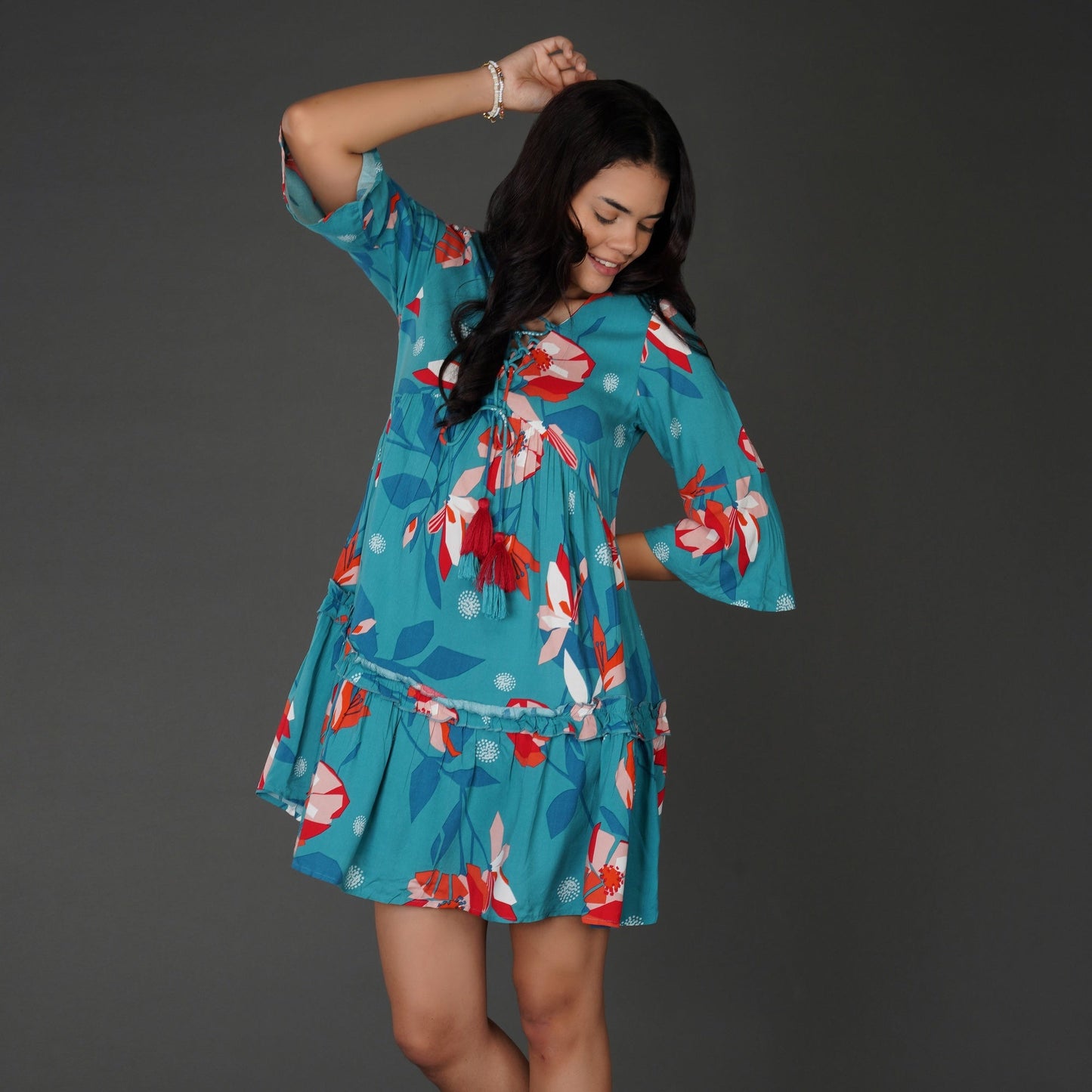 Boho Floral Sea Blue Rayon Dress with Tassel Detailing
