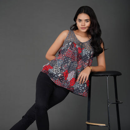 Boho Patchwork Print Crochet Lace Sleeveless Top