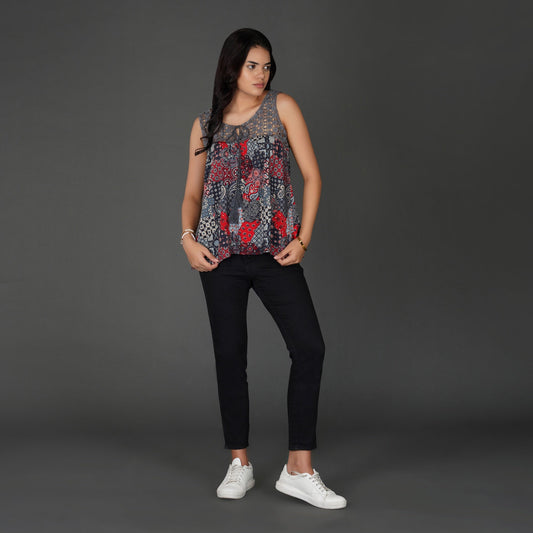 Boho Patchwork Print Crochet Lace Sleeveless Top