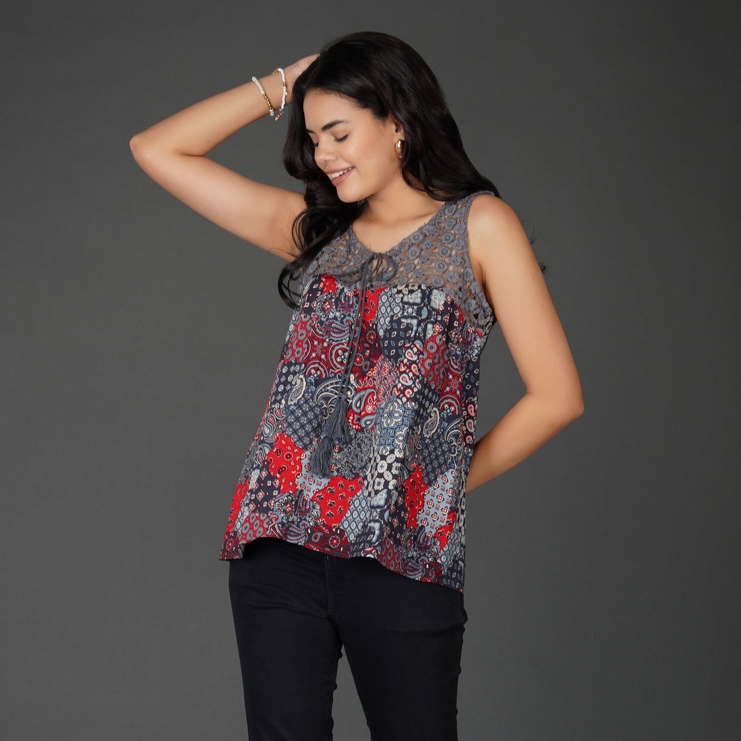 Boho Patchwork Print Crochet Lace Sleeveless Top