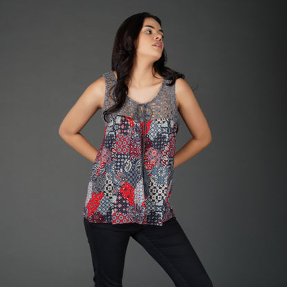 Boho Patchwork Print Crochet Lace Sleeveless Top