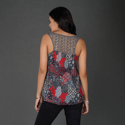 Boho Patchwork Print Crochet Lace Sleeveless Top