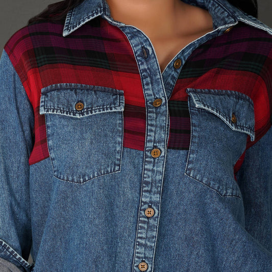 Checkered Yoke Denim Shirt with Roll-Up Sleeves