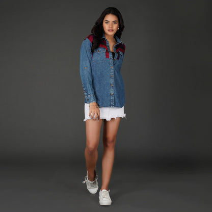 Checkered Yoke Denim Shirt with Roll-Up Sleeves