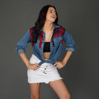 Checkered Yoke Denim Shirt with Roll-Up Sleeves
