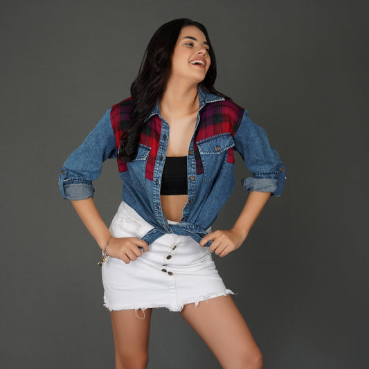 Checkered Yoke Denim Shirt with Roll-Up Sleeves