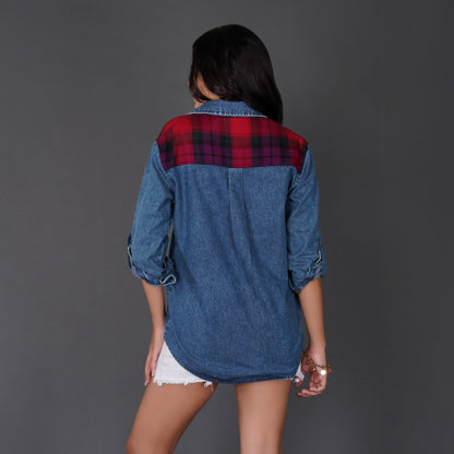 Checkered Yoke Denim Shirt with Roll-Up Sleeves