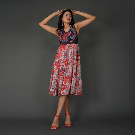 Elegant Printed Georgette Halter Midi Dress with Tiered Skirt