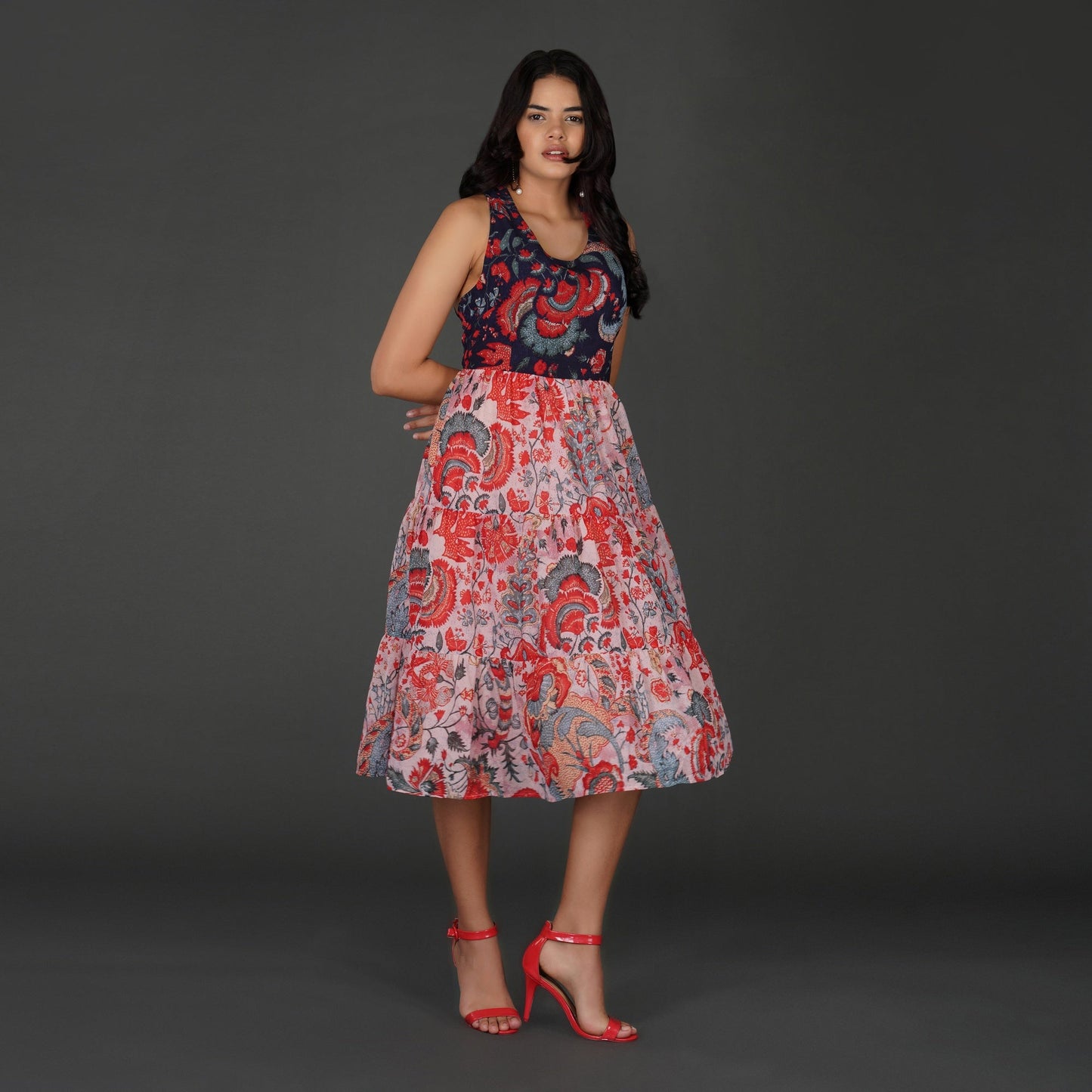 Elegant Printed Georgette Halter Midi Dress with Tiered Skirt