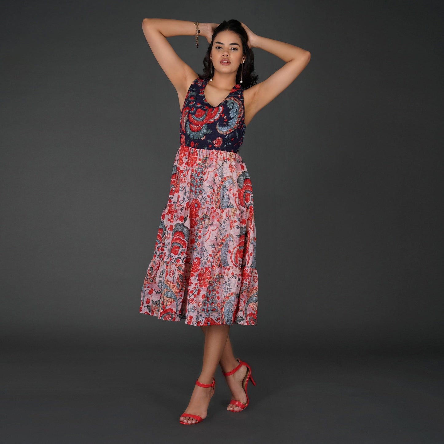Elegant Printed Georgette Halter Midi Dress with Tiered Skirt