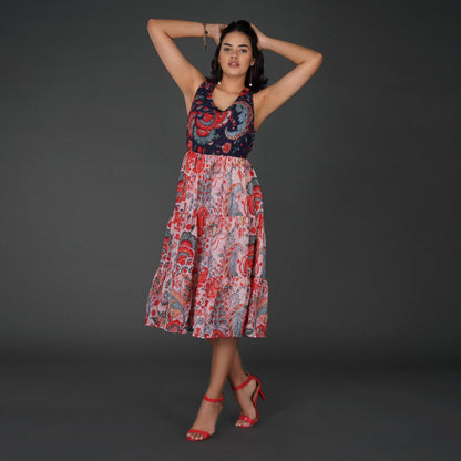 Elegant Printed Georgette Halter Midi Dress with Tiered Skirt