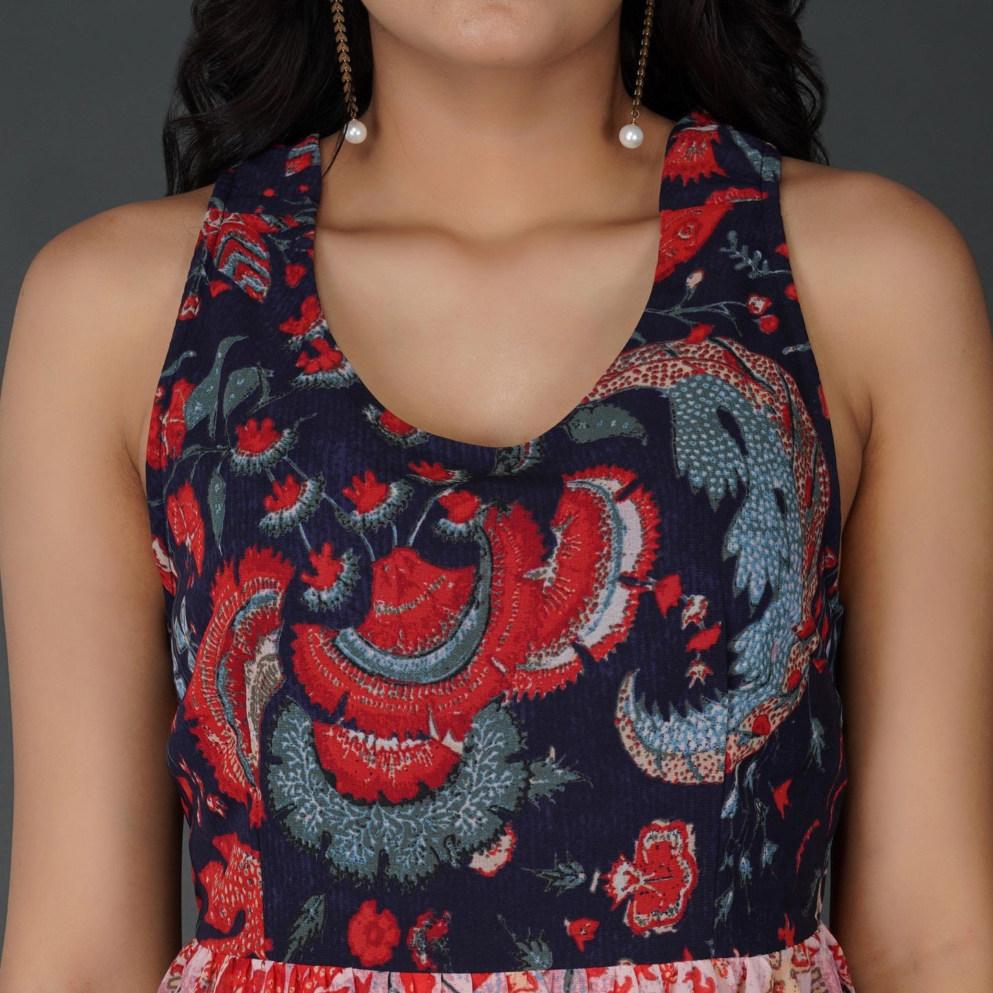 Elegant Printed Georgette Halter Midi Dress with Tiered Skirt