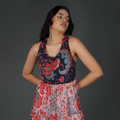 Elegant Printed Georgette Halter Midi Dress with Tiered Skirt