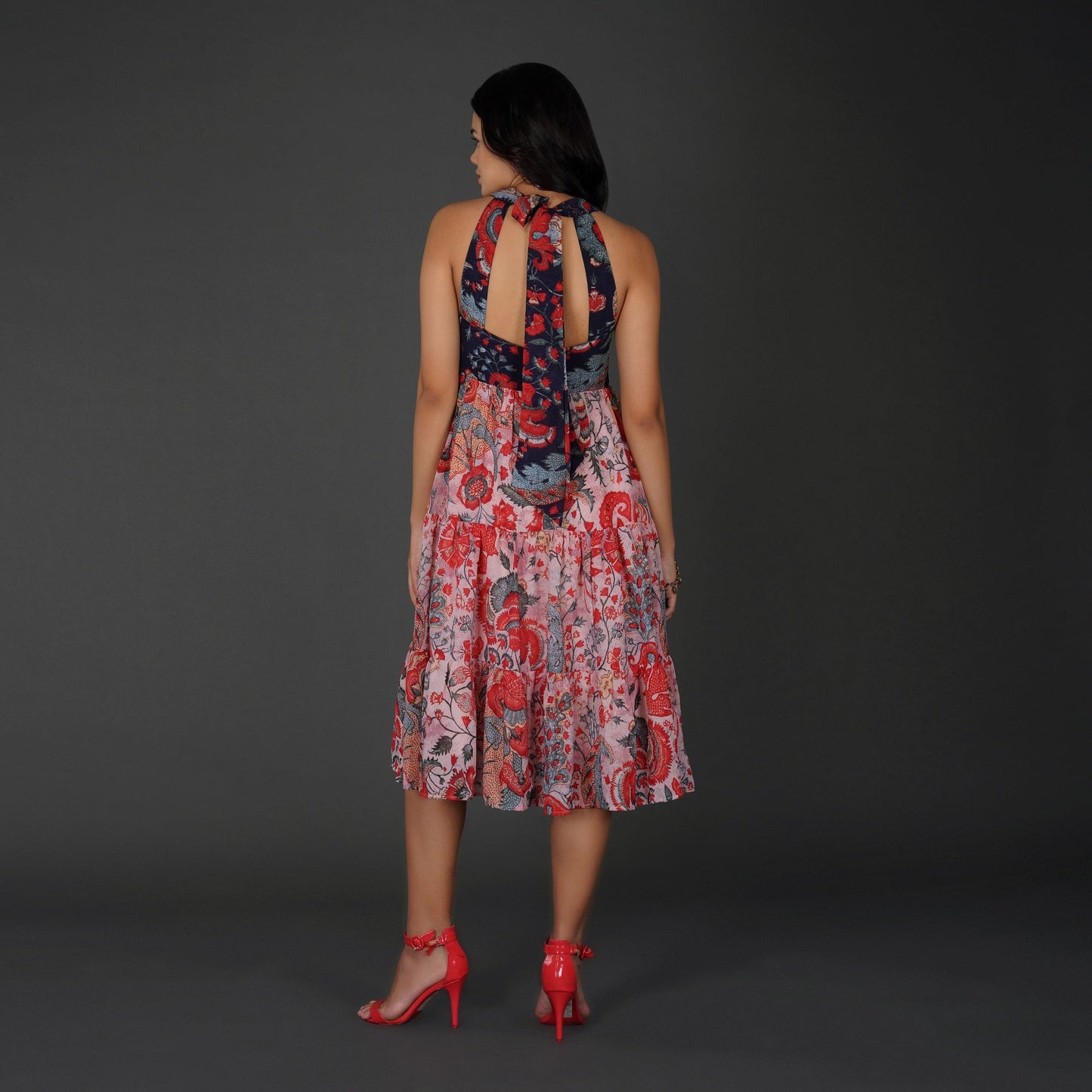 Elegant Printed Georgette Halter Midi Dress with Tiered Skirt