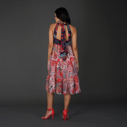 Elegant Printed Georgette Halter Midi Dress with Tiered Skirt